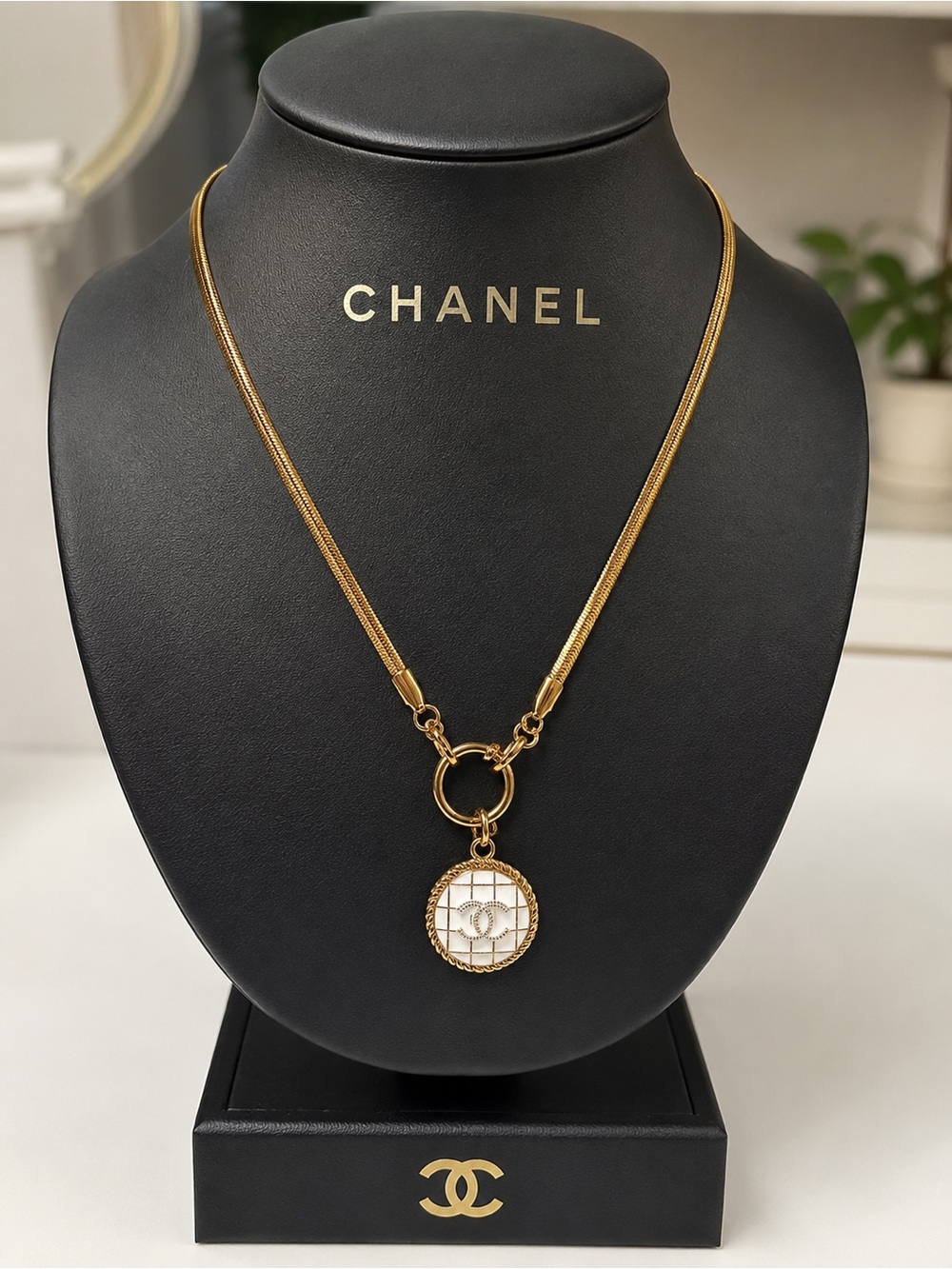 CHANEL Gold-Tone Necklace with White Enamel CC Pendant